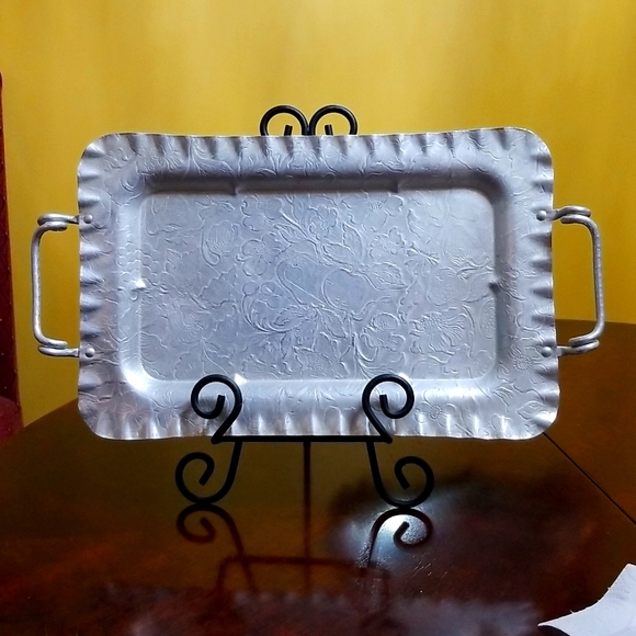 VERY PRETTY FRUIT & FLOWER ALUMINUM TRAY W HANDLES NO STAMP - Picture 1 of 5